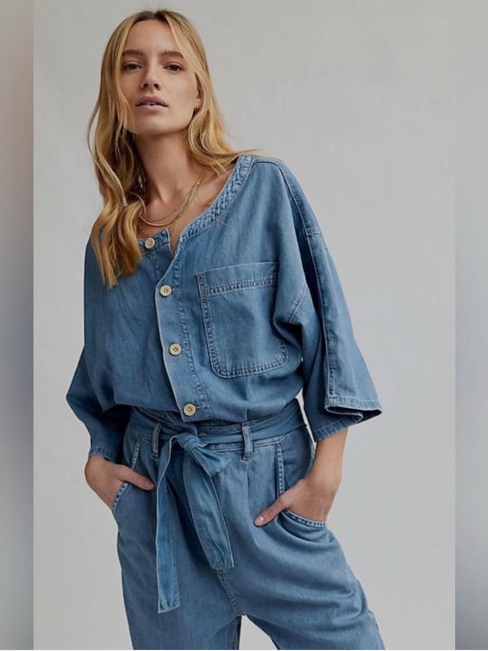 Free People Light Blue Denim Tie-Waist Jumpsuit